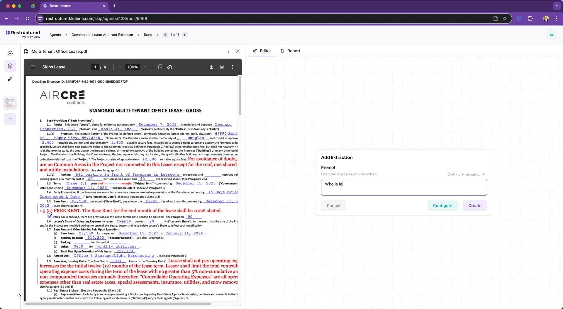 Specifying information to extract from the lease document