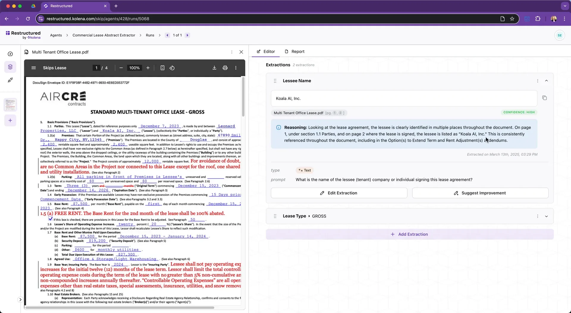 Extracted information from the lease document