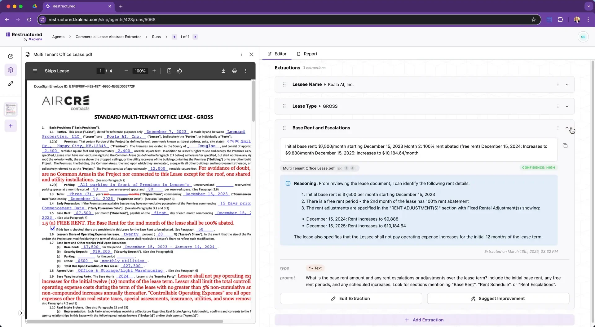 Extracting base rent and escalation schedule