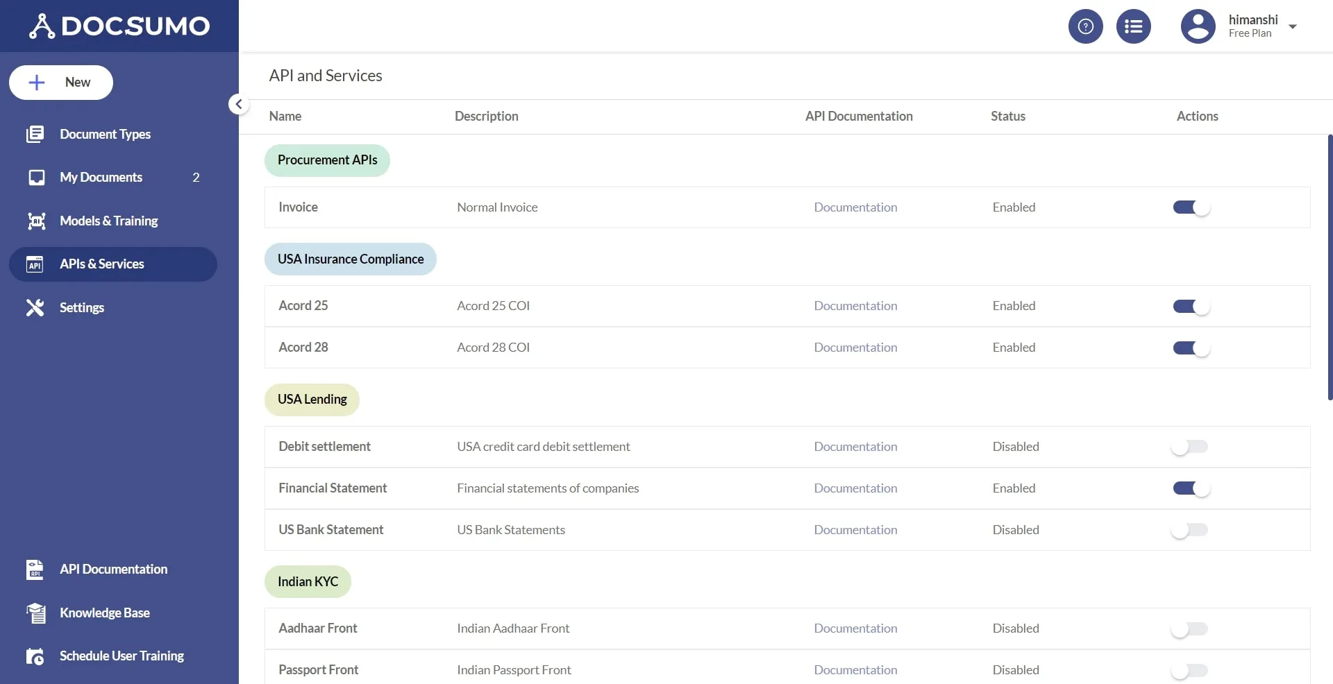 Docsumo APIs and Services dashboard