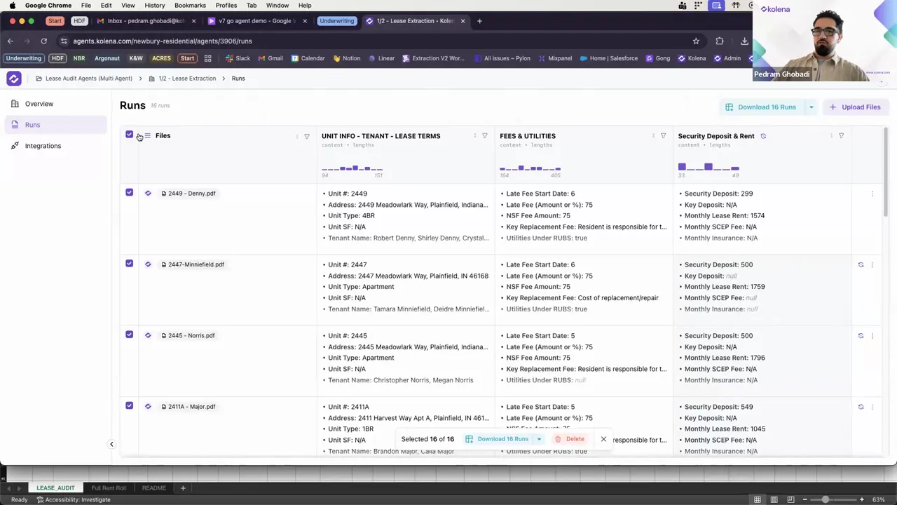 High-clarity screenshot of a lease extraction 'Runs' page showing file rows, checkboxes selected in the left column, and extracted lease fields shown across the row.