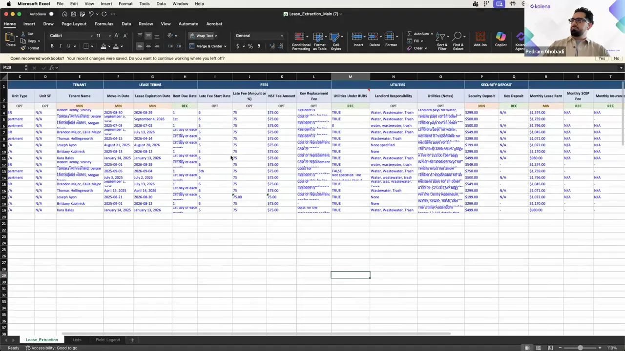 Excel rent-roll runs template with clear headers for tenant, lease terms, fees, utilities, security deposit and monthly rent