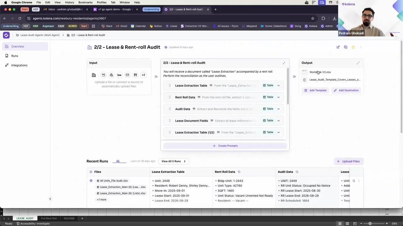 Screenshot of Lease & Rent-roll Audit dashboard with extraction template panel and Recent Runs table