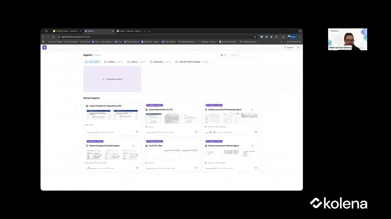 Clear screenshot of a Kolena agent dashboard with create-agent tile and recent agents