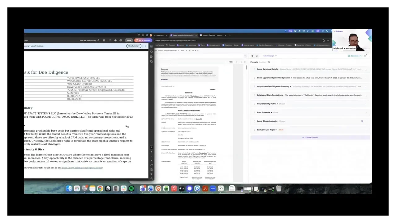 Clear three-column demo interface showing a lease PDF on the left, a detailed document page in the center, and a list of extraction prompts on the right; presenter thumbnail visible in the corner.