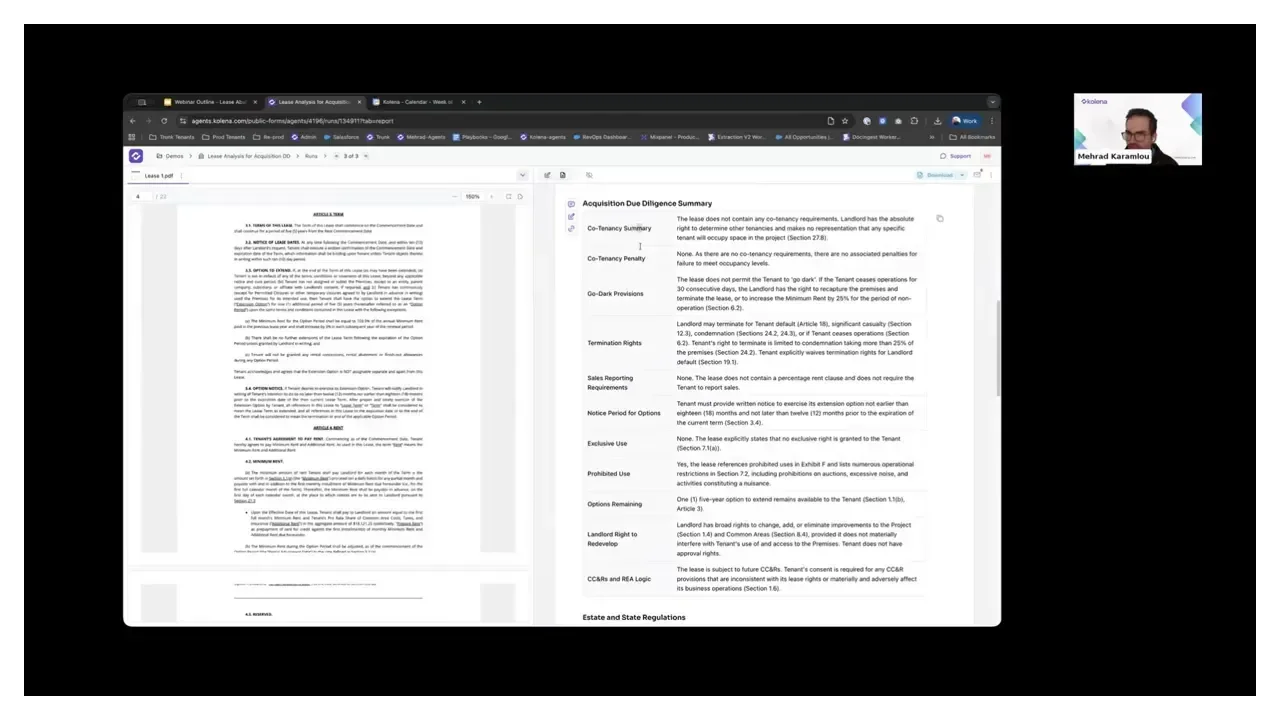 Clear screenshot of an AI extraction interface showing a lease PDF in the left pane and a readable 'Acquisition Due Diligence Summary' table in the right pane; small presenter thumbnail in top-right.