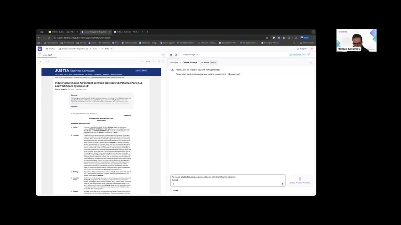 Lease PDF on the left and a detailed prompt on the right asking the AI to create a table of lease amendments with specified columns.