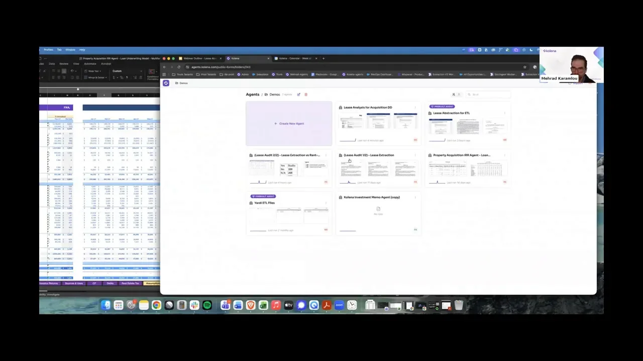 Clear desktop screenshot of an agents dashboard with template tiles in the center-right and an Excel underwriting spreadsheet on the left; small presenter thumbnail in the corner.