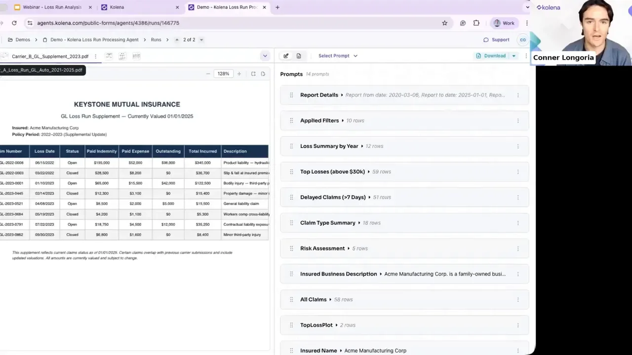 Clear Kolena demo screenshot showing a Keystone Mutual Insurance loss run document on the left and the prompts panel on the right, illustrating a mixed-package upload.