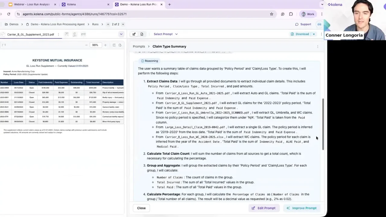 Screenshot of the loss-run UI with a document preview on the left, an extracted claim type summary table in the center, and an expanded 'Reasoning' pane on the right detailing extraction steps; presenter thumbnail at top-right.