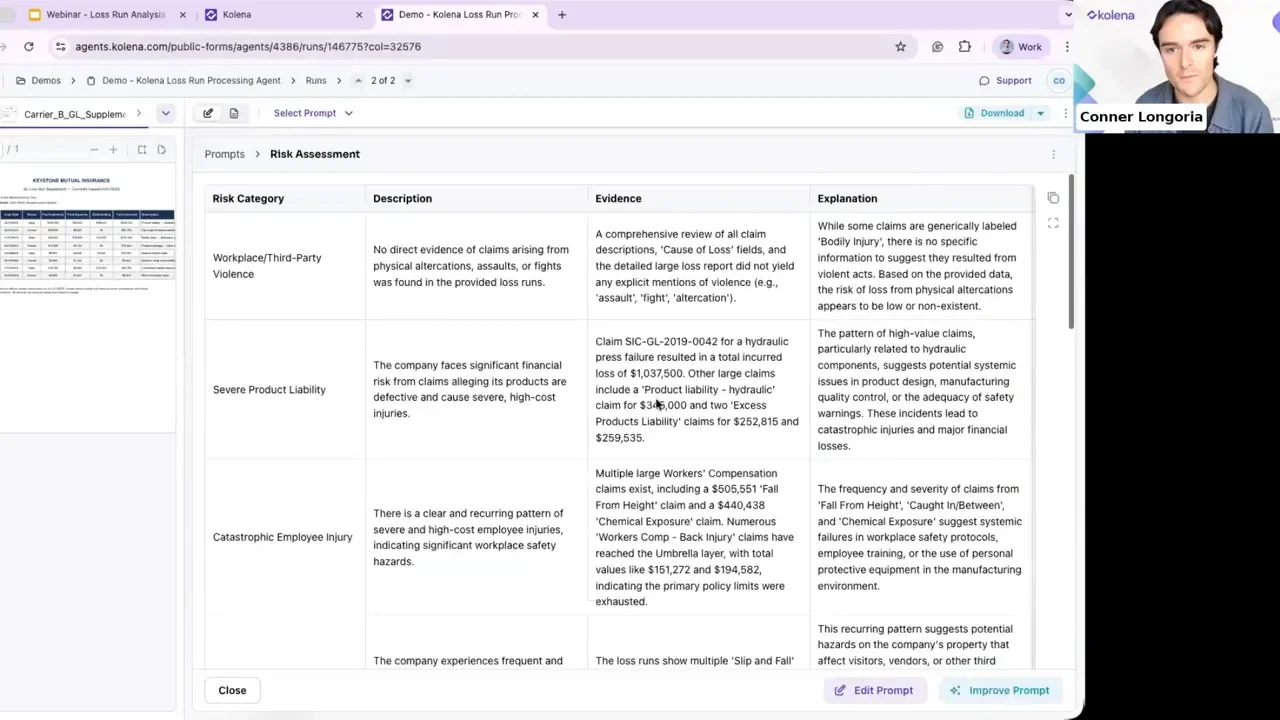 Clear screenshot of a risk assessment table showing columns for Risk Category, Description, Evidence, and Explanation extracted from loss run documents.