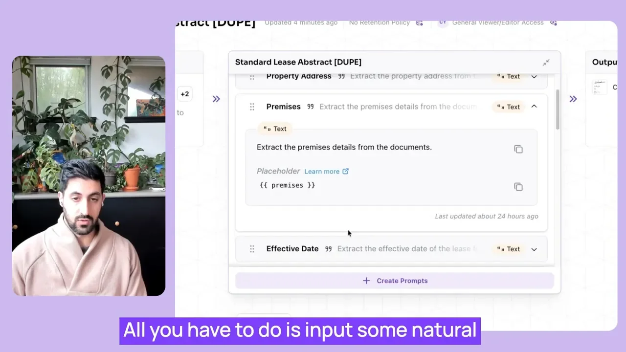 Close-up of the prompts editor showing a text prompt: 'Extract the premises details from the documents.'