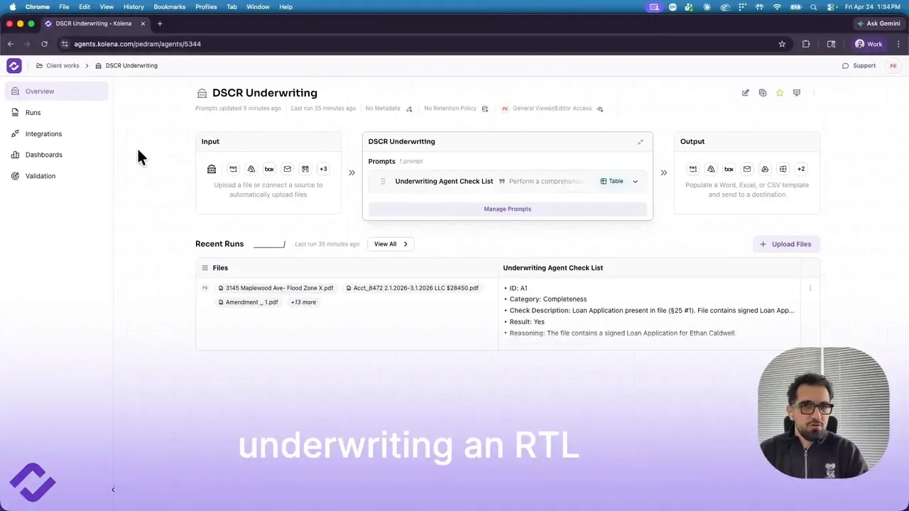Screenshot of Kolena underwriting agent interface showing uploaded DSCR loan files and an underwriting check list run