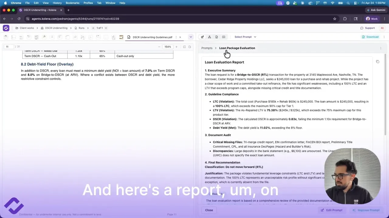 AI-generated loan evaluation report with executive summary, guideline compliance violations, and final recommendation