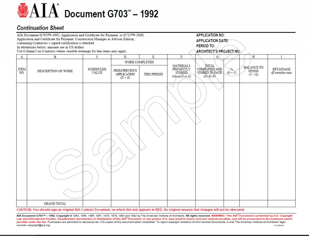 AIA G703 1992 Continuation Sheet Sample